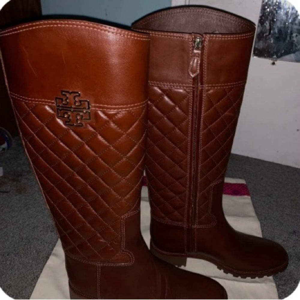 Tory Burch Brown Quilted Leather Riding Boots